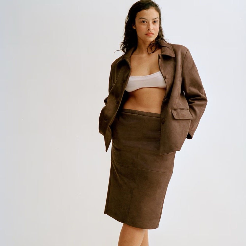 H&M Faux Suede Paneled Pencil Midi Skirt in Chocolate Brown